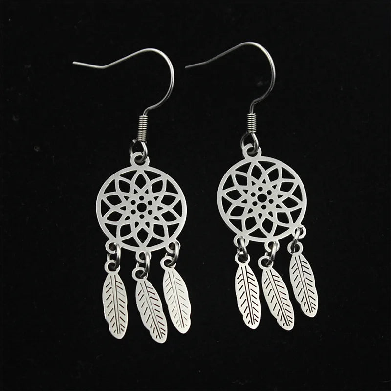 Hot Selling Dreamcatcher Earrings Fashion Stainless Steel Feather Tassel Charm Hollow Lotus Dreamcatcher Dangle Earrings Wome