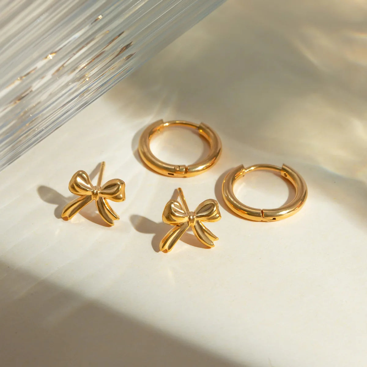 Waterproof Stainless Steel Non Tarnish Bowknot Stud Earrings PVD 18K Gold Plating Huggie Hoop Earrings Set for Women