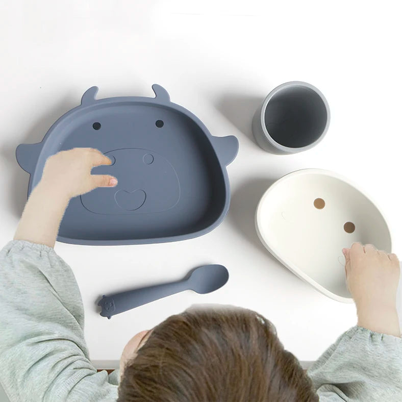 Food Grade Silicone Plate Tableware Kit Kids Bowl Cartoon Toddler Suction Cutlery Dinnerware Baby Feeding Set