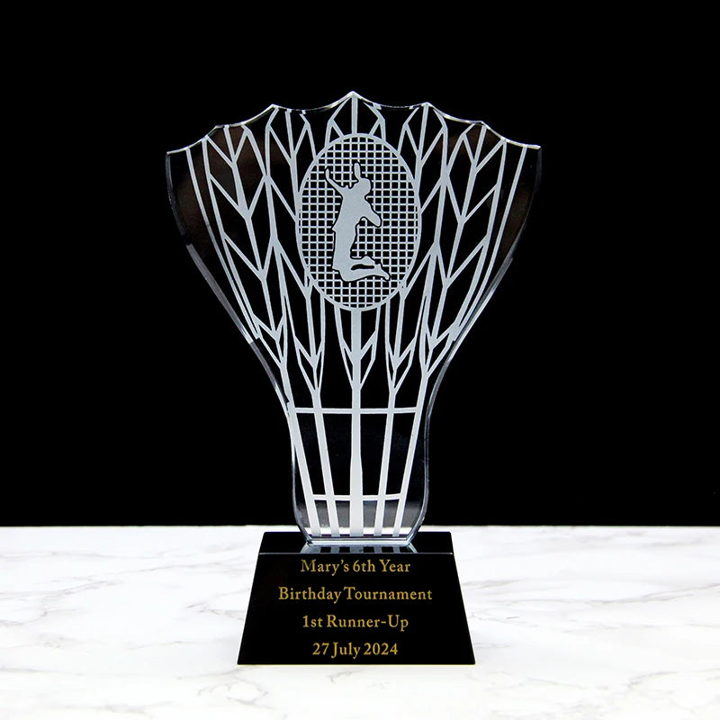 Custom Crystal Sports Set Trophy Award Badminton Shape Black Base Souvenirs