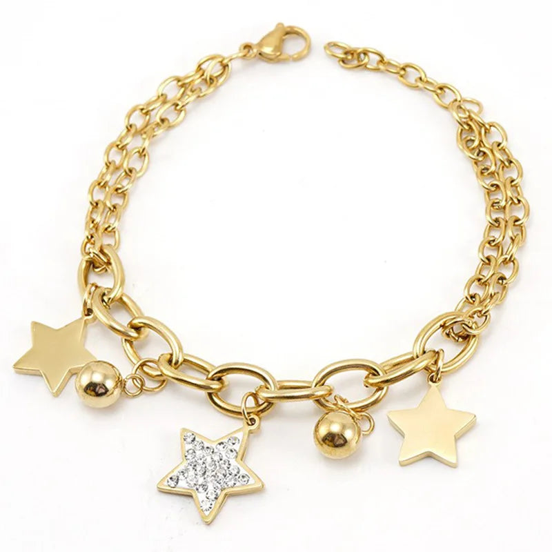 New Fashion Women's 18K Gold Plated Stainless Steel Waterproof Star Bracelet Geometric 18KPVD Zircon Jewelry