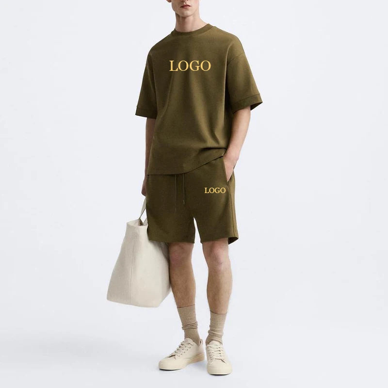 F240114 Custom Men's Shorts Set Print Logo Loose-Fitting Ribbed Neck Sweatshirt Compact Jogger Shorts Men's Summer Shorts Set