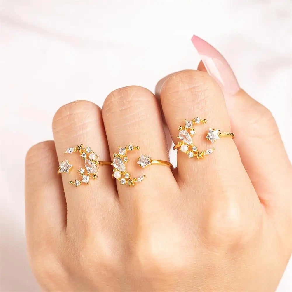 European American Ornaments Ins Style Zircon Star Moon Open Ring 18K Gold Plated Hand Jewelry Light Luxury Finger Ring for Wo