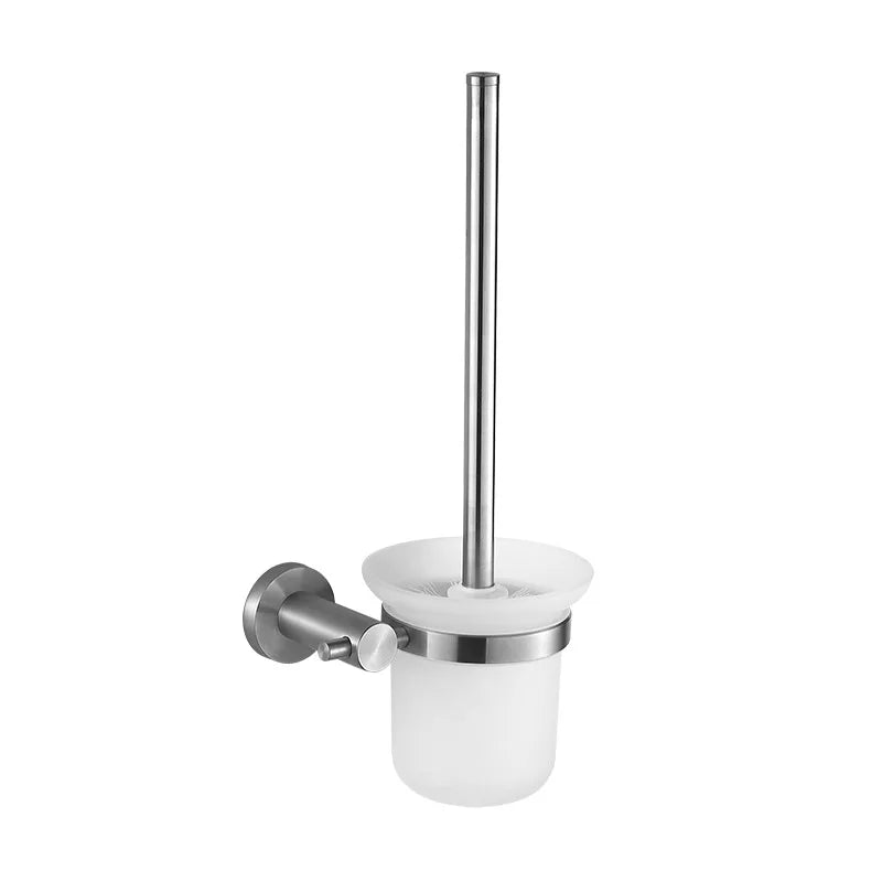 304 Stainless Steel Modern Wall-Mounted Toilet Brush Holder with Glass Cup Brushed Finish Easy to Clean for Bathroom Hotel Us
