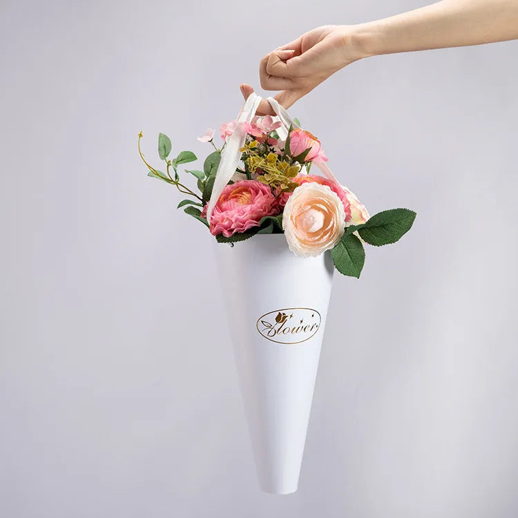 Wholesale White Floral Bouquet Paper Bag Print Logo With Handle Ribbon Handle Folding Handheld Flower Round Bouquet Bag