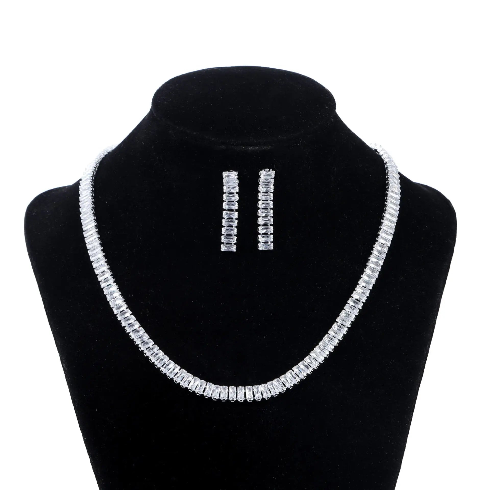 Women Necklace Earrings Silver Fine Jewelry Set Rhinestone Bridal Jewelry for Party