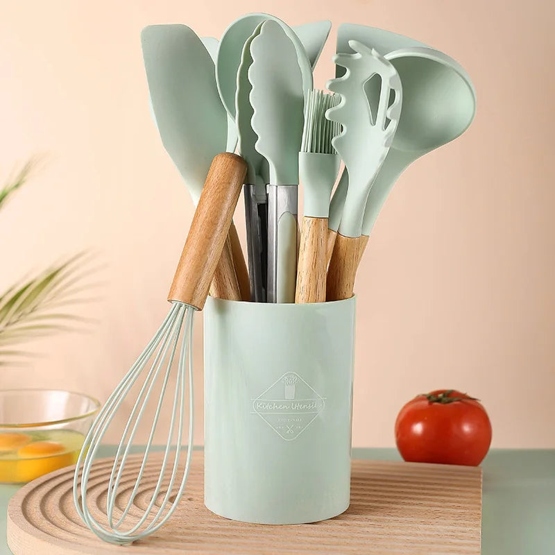 Hot Sale 12pcs Eco-friendly Non-stick Silicone Kitchen Accessories Cooking Tools Wooden Handle Spatula Utensils Dishwasher