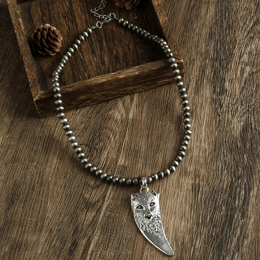 Fashion Vintage Jewelry 6mm Gray Drawing Navajo Pearl Turquoise Stone Drop Alloy Heart Flower Pendant Necklaces Western Jewel