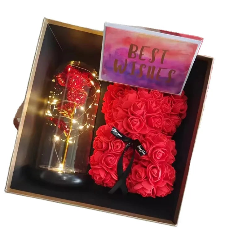 AYOYO 2025 Popular Valentines Day Mothers Day Gift Preserved Flower in a Acrylic Box and Rose Bear Gift Set With Gift Card