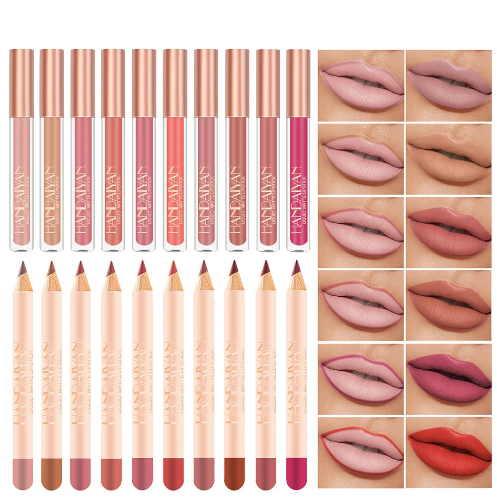 HANDAIYAN Matte Lip Gloss Liner Kit Tint Liquid Lipstick Lipliner Pencil Set Waterproof Lipgloss Long Lasting Makeup Cosmetic