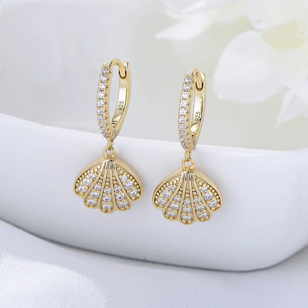 Fashion Cute Mini  Seashells Jewelry Psj 925 Sterling Silver 14k Gold Plated Bling Cubic Zircon Huggies Earrings for Kids Gir