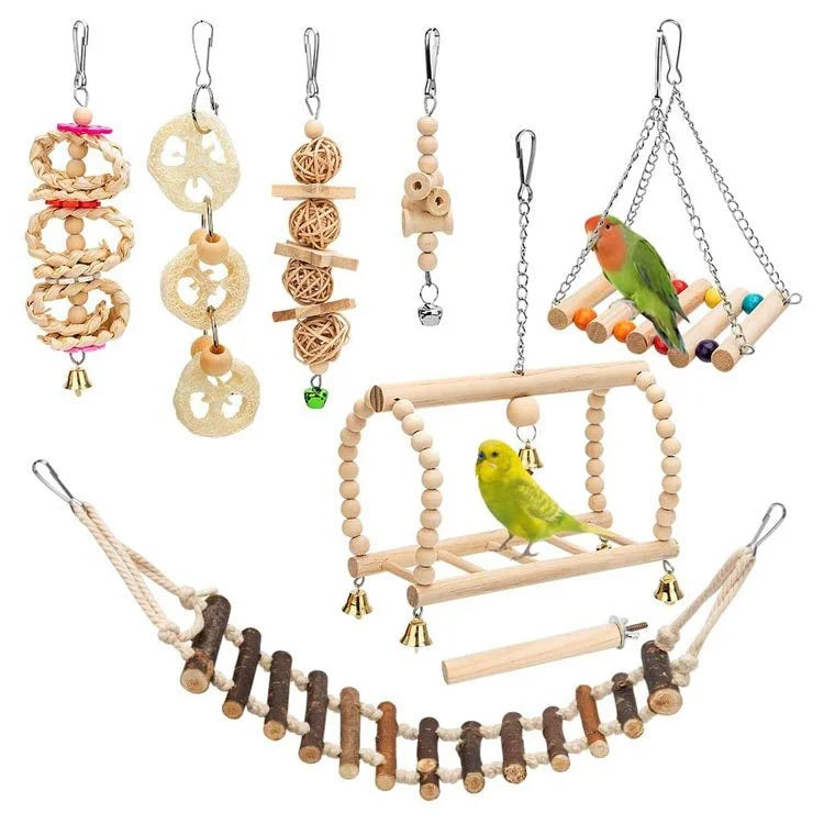 Parrot Chew Toys Small and Medium Sized Bird Toys Log Swing Ring Bell String 8 Pcs Set