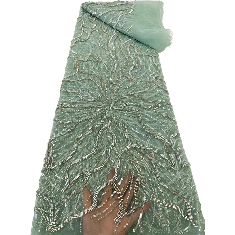 Beaded Dress Fabric Mint Green Floral Sequins Beads Embroidered Lace