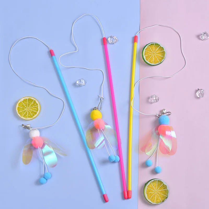 Eco-Friendly Cat Teaser Wand Insect Bee Fishing Toy with Feather Plastic Wood Cotton PC Material Pet Interactive & Movement T