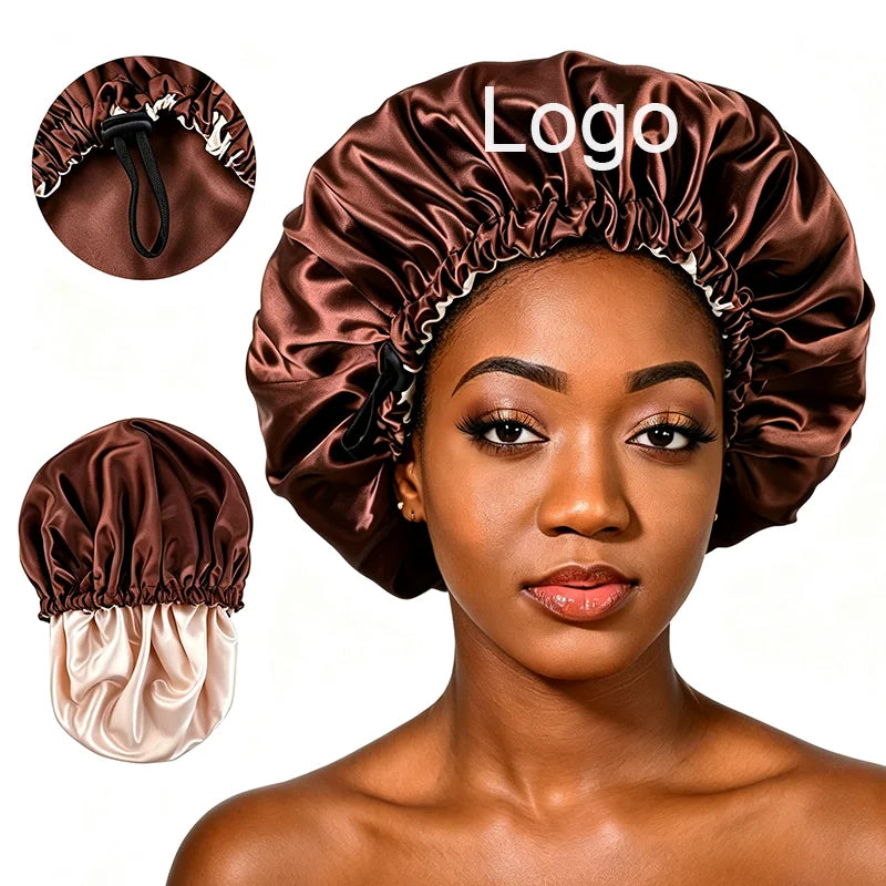 Low MOQ Hair Bonnet Custom Logo Double Layer Reversible Satin Bonnets Designer Hair Silk En Satin Bonnet With logo for Sleepi