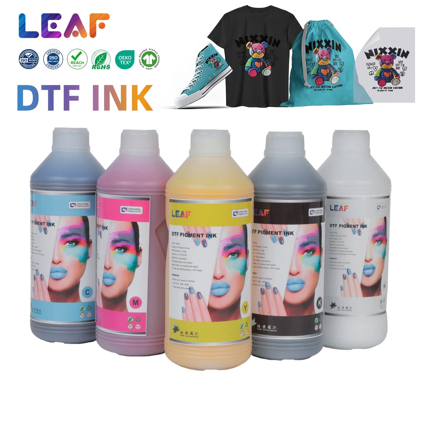 LEAF Premium CMYK White Bright Colors 500ml 1000ml DTF Pigment Ink Textile Printing Ink DTF Ink for Digital Printing