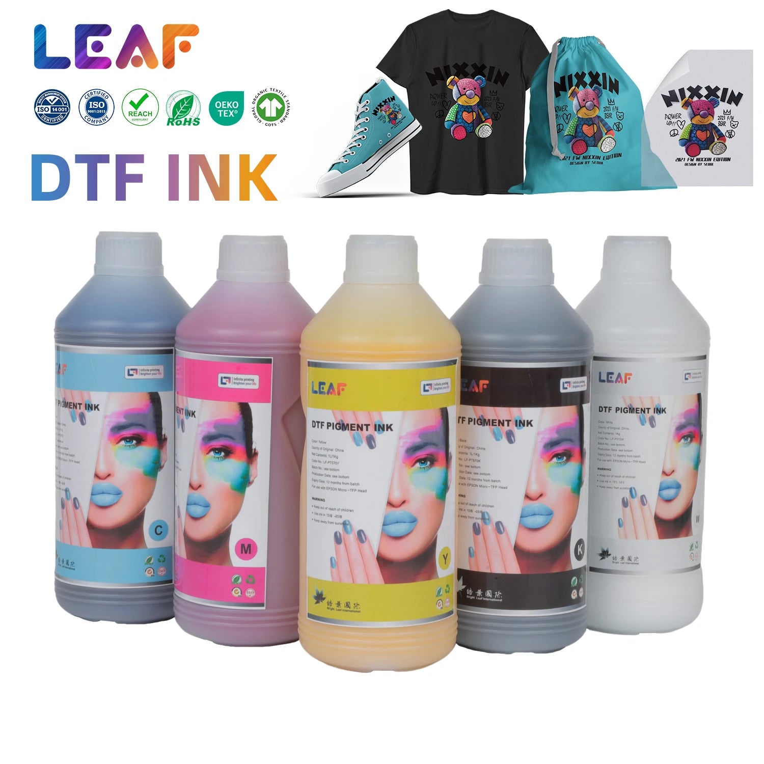 LEAF Premium CMYK White Bright Colors 500ml 1000ml DTF Pigment Ink Textile Printing Ink DTF Ink for Digital Printing