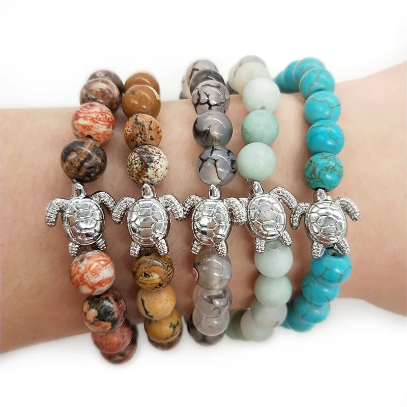 Wholesale Handmade Natural Turquoise Stone Bracelet Couple Summer Beach Cute Sea Turtle Bracelet