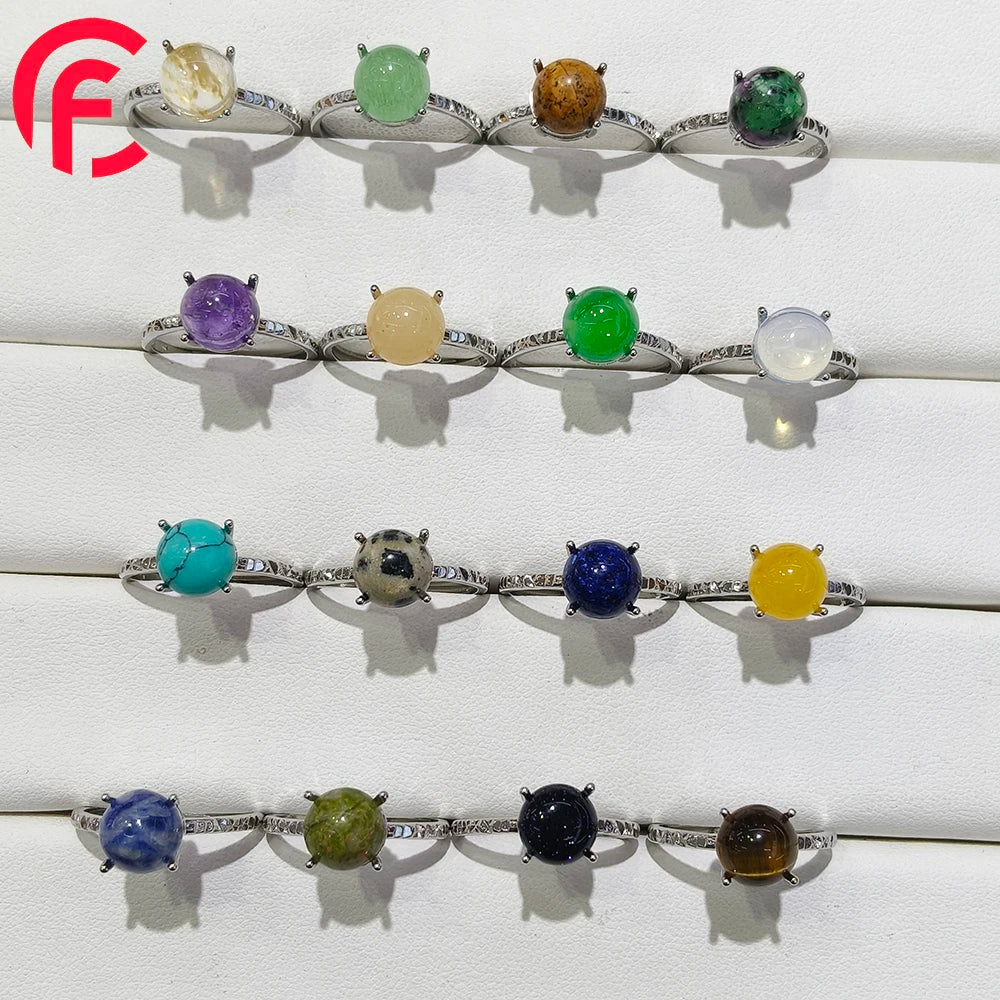 100% Natrual Crystal  Amethyst tiger Eye Round Gemstone Ring for Women Cooper Plating Silver Adjustable Colorfast Ring Gift