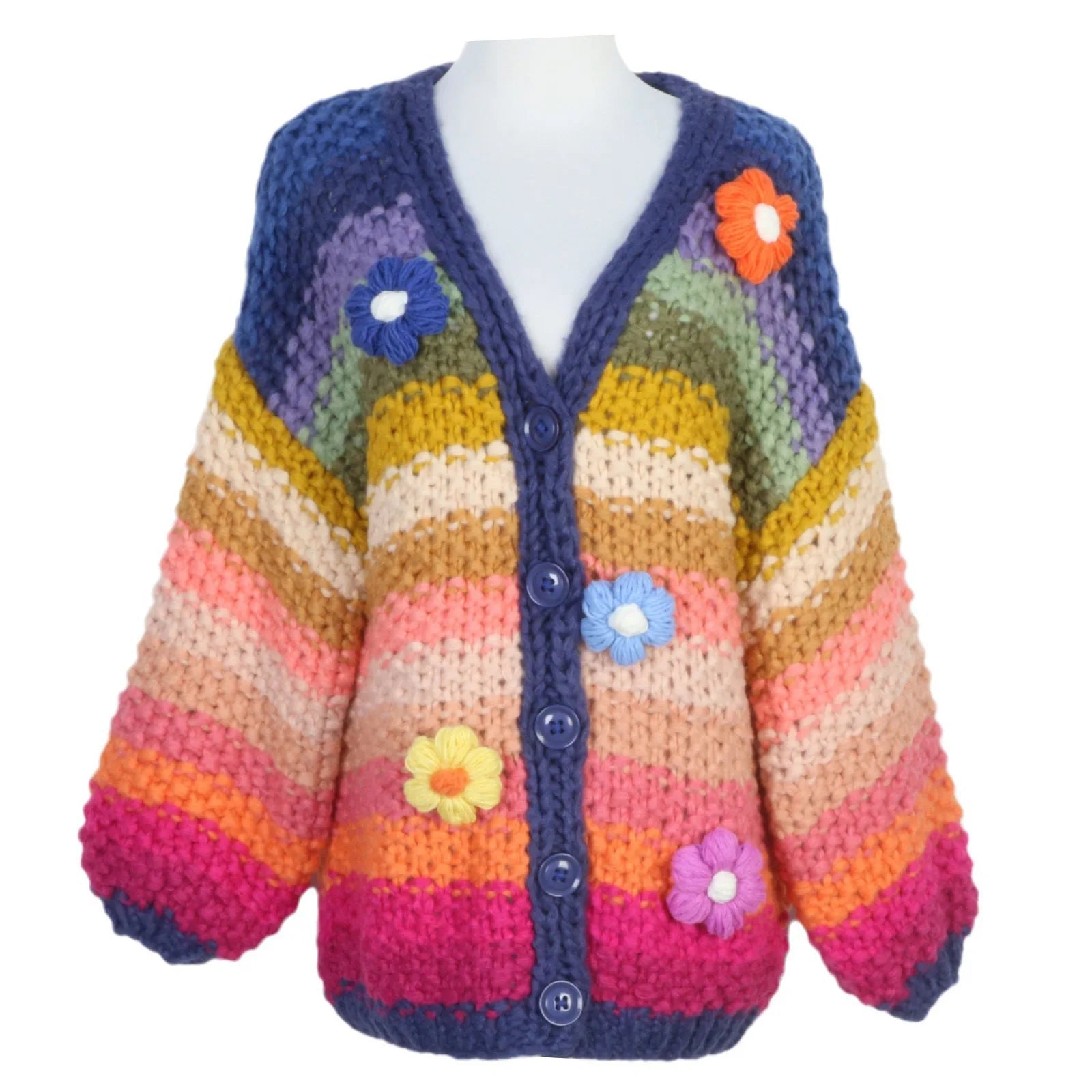 Multi Colors Rainbow Stripes Hand Knit Buttons up Cardigan Drop Shoulder Floral Decorations Loose Sweaters for Women