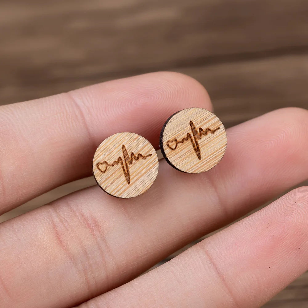Minimalist 12mm Round Brown Wooden Stud Earrings Creative Doctor Nurse Love Heart Heartbeat Earrings Gifts for Women