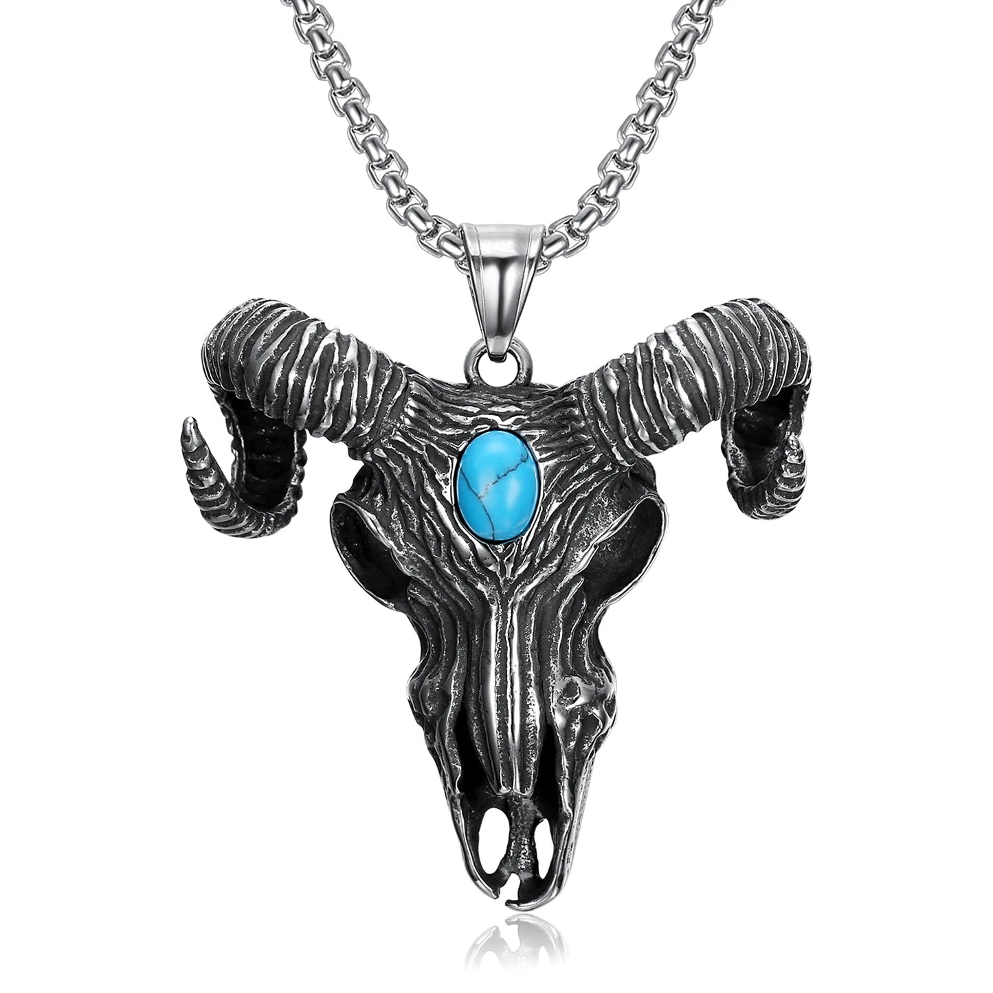 Punk Cow Goat Skull Head Blue Turquoise Natural Gemstone Pendant Stainless Steel Viking Gothic Skeleton Pendant Necklace