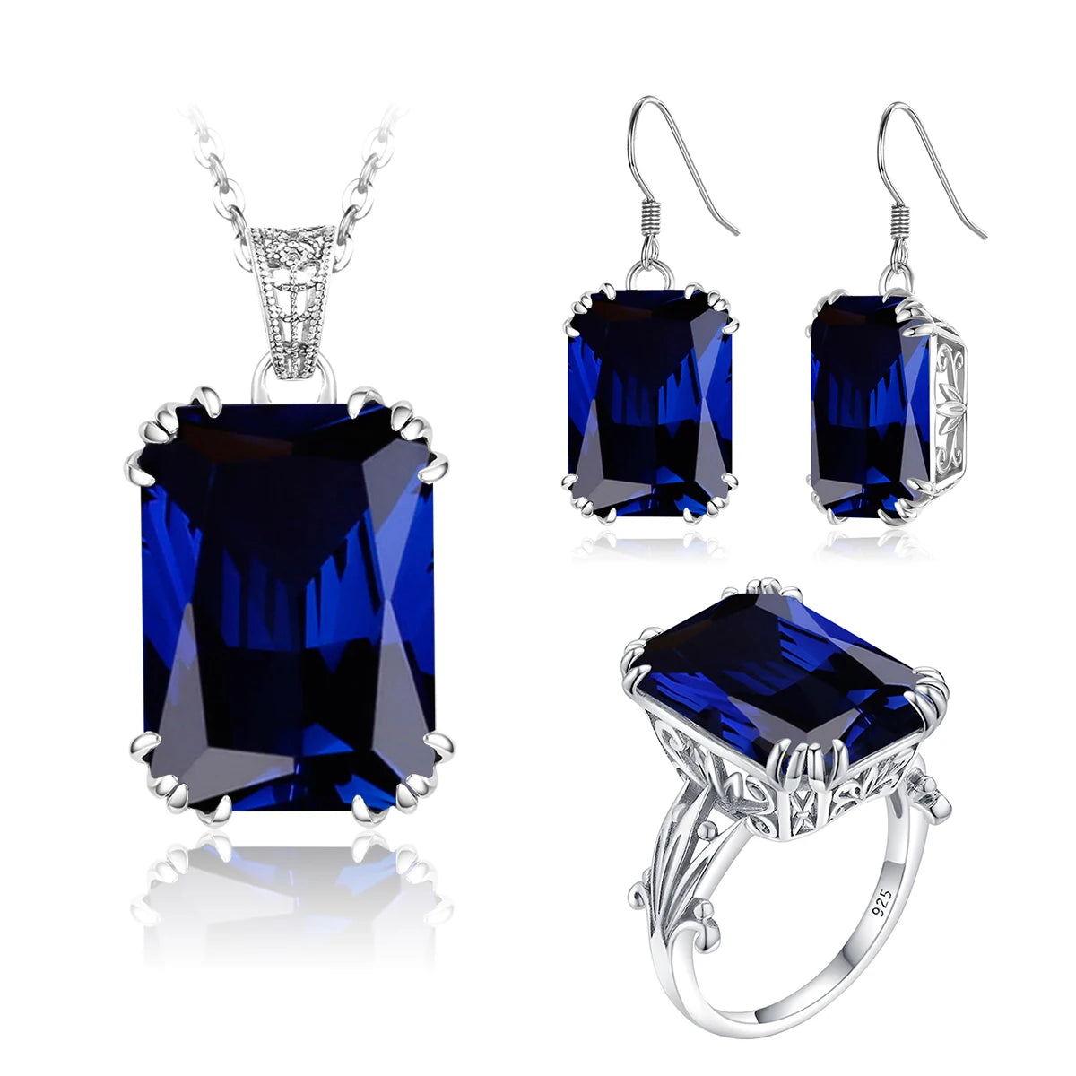 Sapphire Blue Stone Zircon Crystal Sterling Silver Jewelry Sets for Women Retro Crown Ring Pendant Earring for Party Engageme