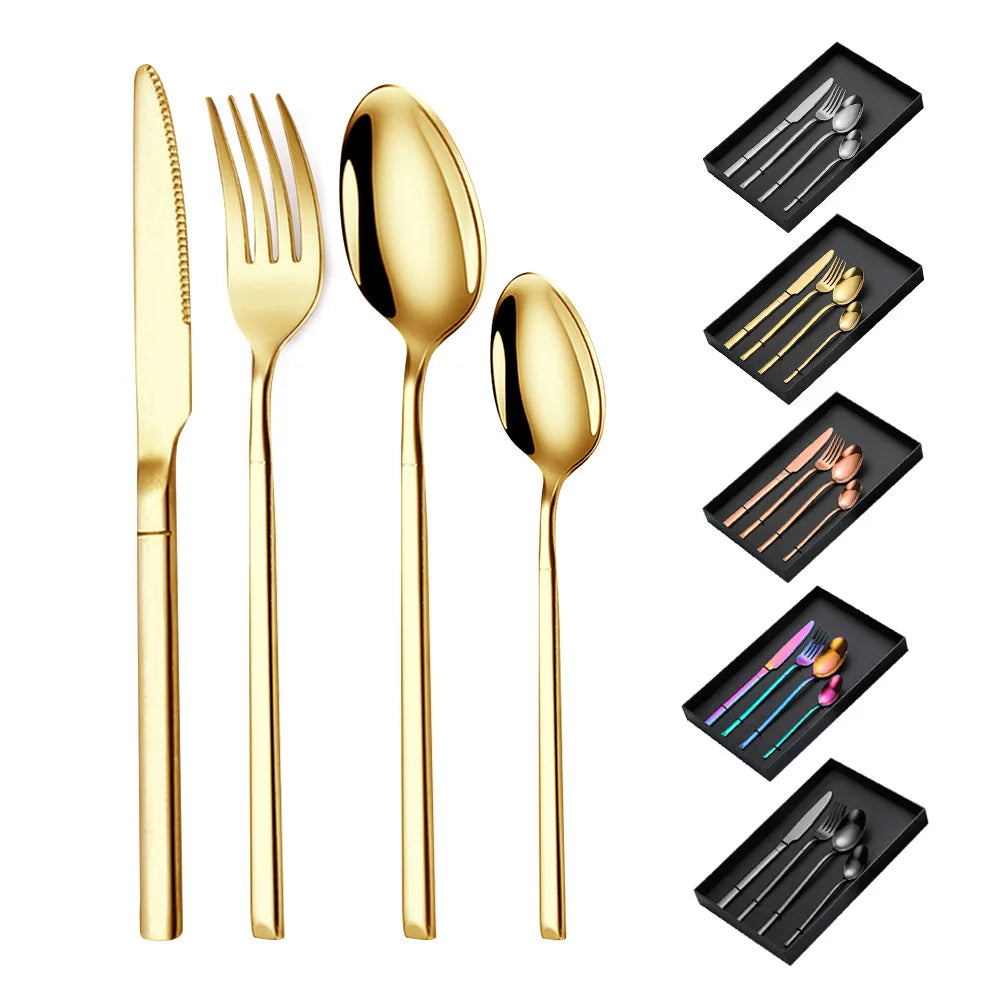 Hot Selling Knight Stainless Steel Cutlery 4-Piece Set European Steak Knife Fork Spoon Gold Cutlery Royal Hotel Set