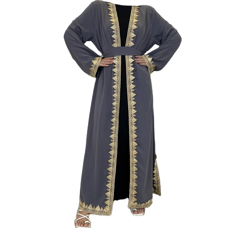 Malaysia Dubai Plain Color Free Size With Belt Fashion Muslim Girl Lace Trim Abaya Robe for Ramadan