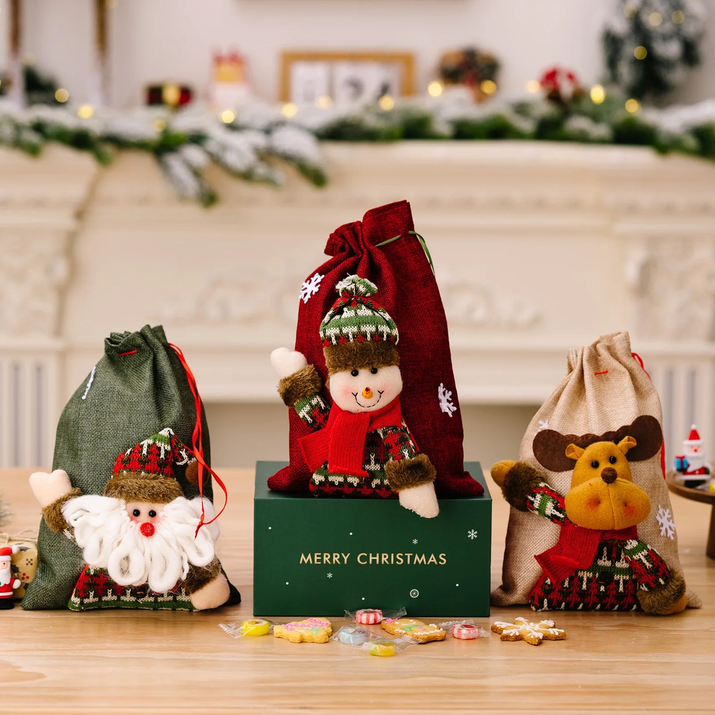 3D Christmas Decorations Drawstring Pouch Xmas Gift Wrapping and Goodie Toy Storage Party Favor Bags
