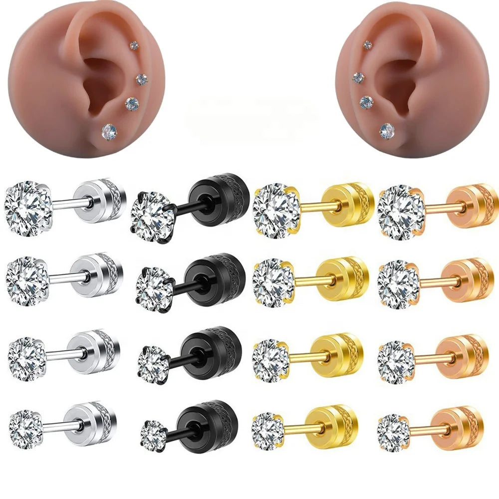 Wholesale 20G Trendy Surgical Steel 0.8mm Zircon Earrings Black Gold Plated Cylindrical Pattern Safety Clasps External Thread