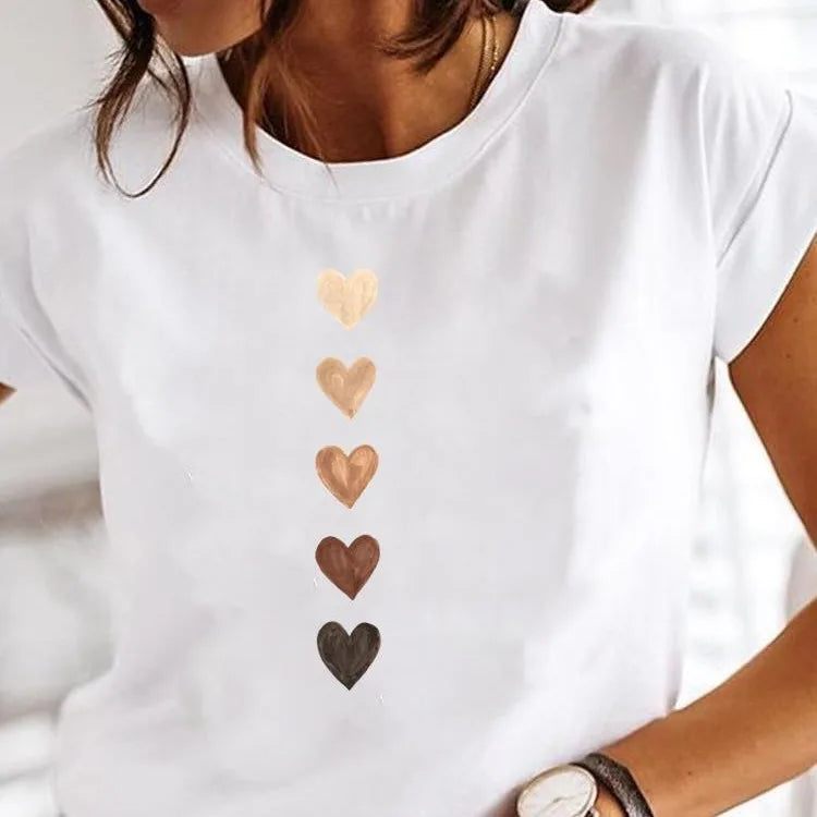 Short Sleeve Casual Ladies Fashion Female Graphic Tee Women Love Heart Watercolor Sweet Print Summer T Clothing T-shirts