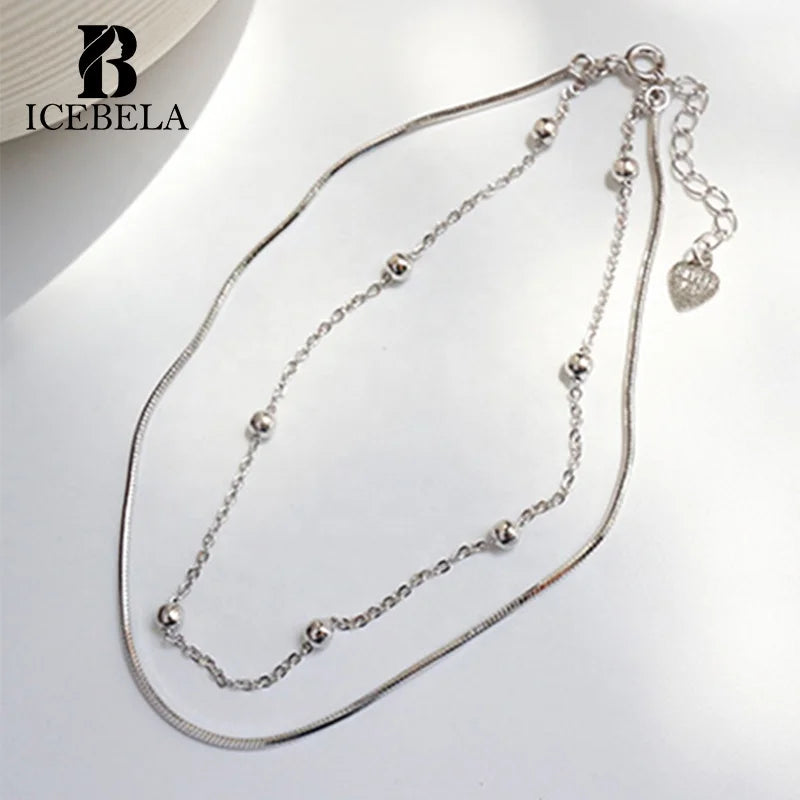 ICEBELA Fine Jewelry S925 Sterling Silver Summer Jewelry Ball Bead Double Layer Snake Chain Beads Anklets for Women