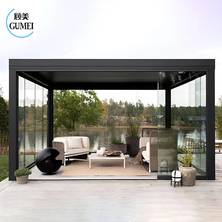 Motorized Design Customized Bioclimatic Pergola Remote Control Sunshade Aluminium Garden Pavilion Pergola With Led Light