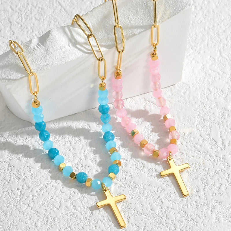 Hot Sale Color Natural Store Beaded Choker Necklaces Set Vintage Pink Blue Bead Cross Pendants Boho Necklaces