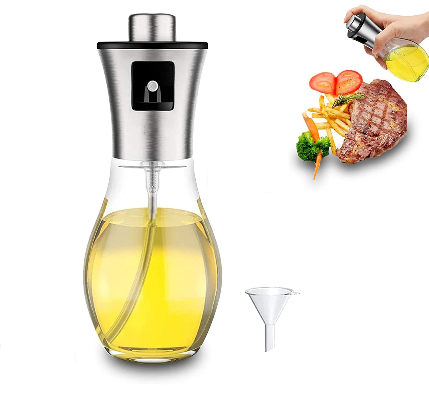 Hot Selling 200ML Oil Pump Glass Bottles Kitchen Baking Cooking Oil Vinegar Mist Sprayer Silver Stainless Steel 304 Oil Spray