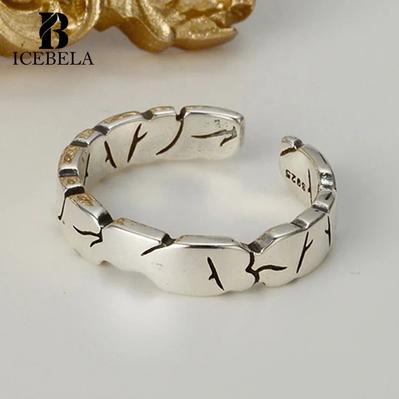 ICEBELA Vintage Ins Cool Style Ring Stone Crack Opening Adjustable Ring Colorless S925 Sterling Silver Thai Silver Women CLAS