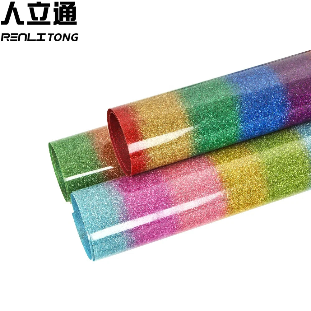 Renlitong Pu rainbow Glitter Htv  Custom Stickers logo Heat Transfer Vinyl  Stickers Wrapping Rolls