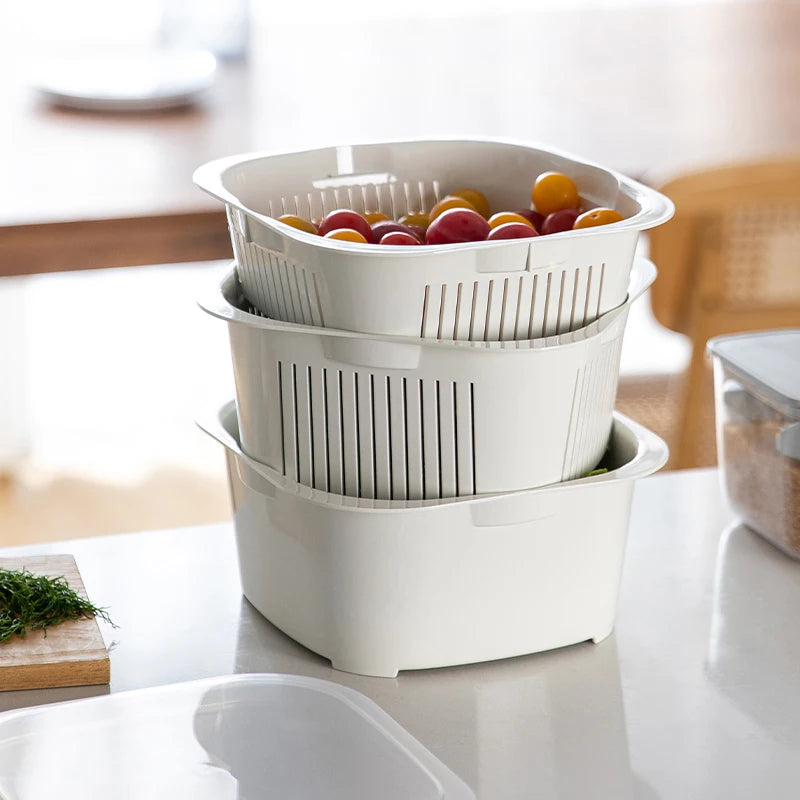 SHIMOYAMA 2-Tier Plastic Fruit Veggies Washing Storage Box Kitchen Accessories Tools Sink Draining Basket Dish Washing Basin