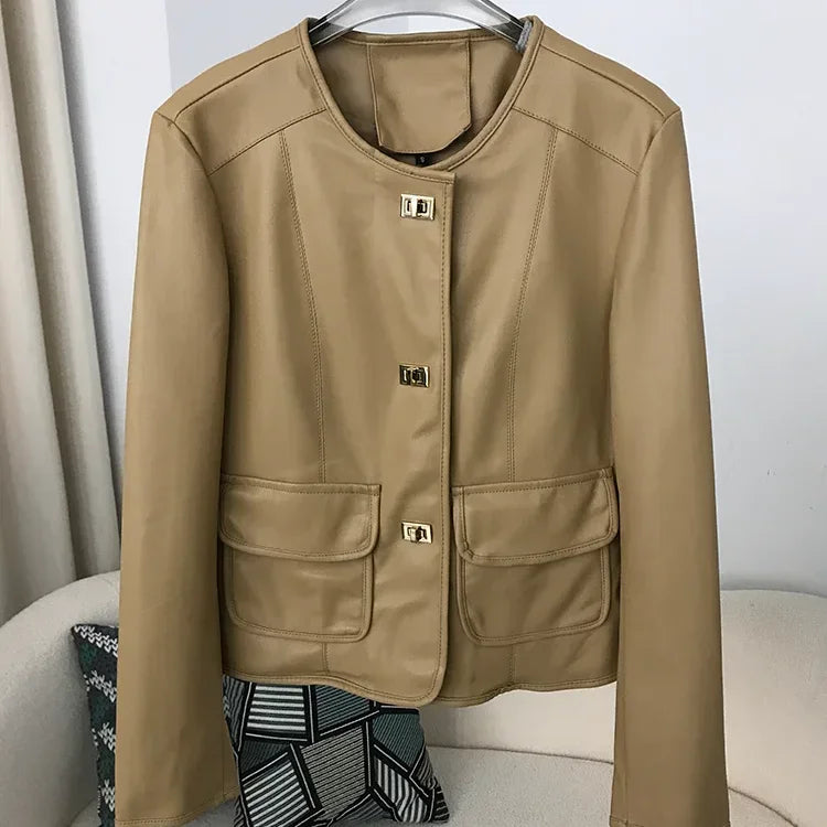 OFTBUY 2024 Luxury Brand Biker Coats New Spring Autumn Woman Short Faux Leather Jacket O-neck Zipper Streetwear Outerwear Top