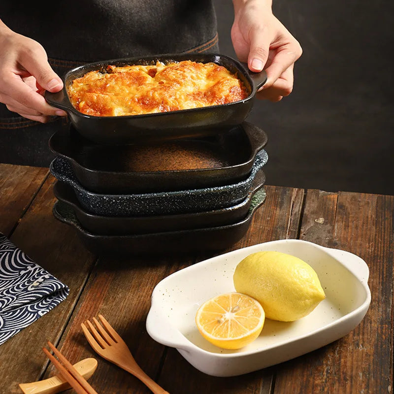 Household Ceramic Baking Bowl with Handle Japanese Creative Microwave Oven Baking Tray Baking Tableware