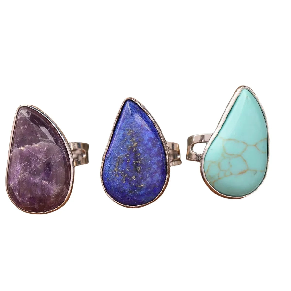 Natural Gemstone Freeform Teardrop Rings Adjustable Healing Crystal Silver Ring Wholesale Gifts