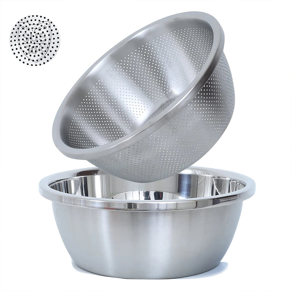 Stainless Steel Microporous Colander 2QT Large Mixing Bowl for Washing Vegetables Fruit and Rice and for Draining Cooked Past