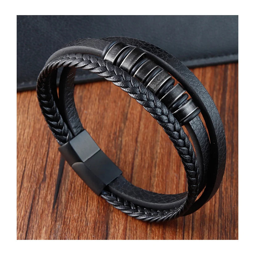 Customized Handmade Leather Wrapped Bracelet Stainless Steel Magnetic Clasp Retro Braided Genuine Leather Men Bracelet OT-226