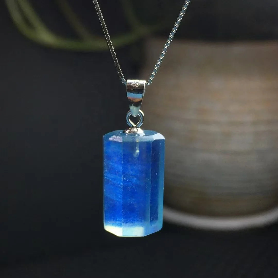 925 Sterling Silver Natural Chakra Healing Crystal  Aquamarine Point Hexagon  Pendant for Anti Stress and Anxiety