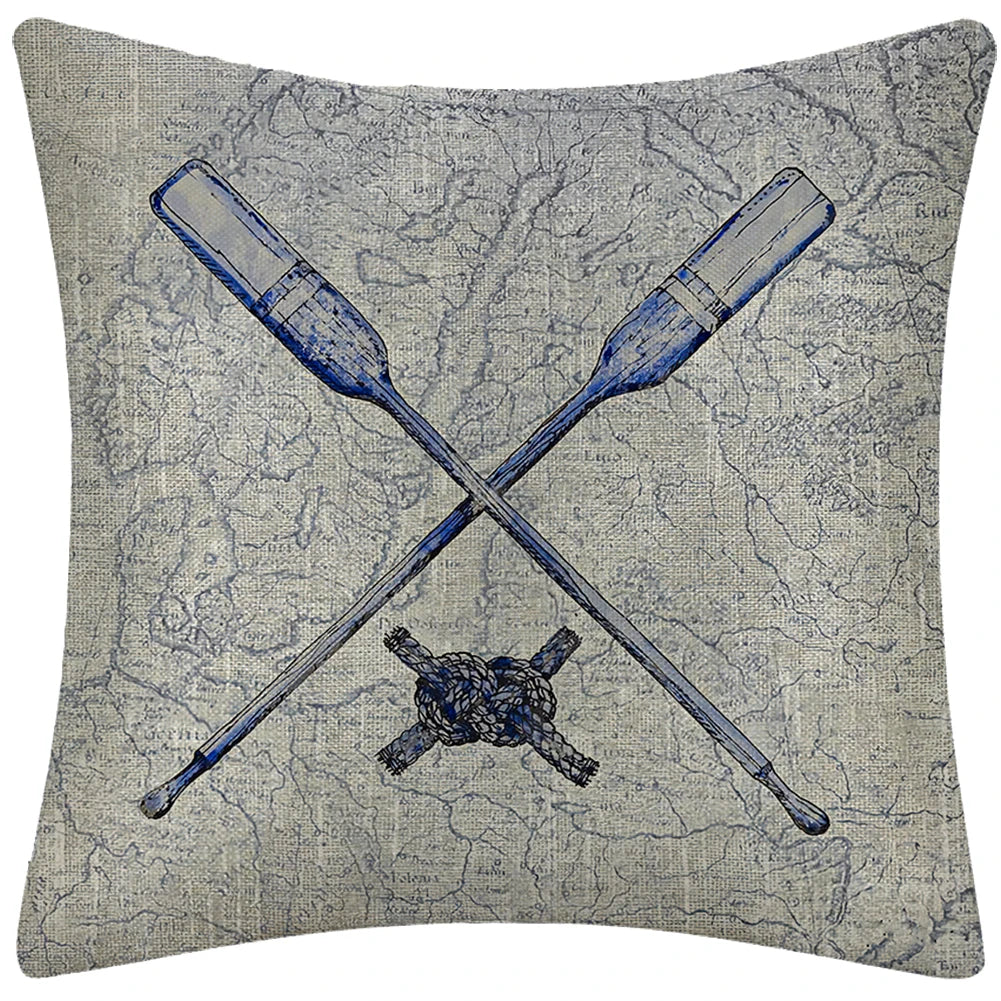 Summer Marine Themed Nautical Anchor Compass Linen Throw Pillow Case Decorative Home Bedroom Living Room