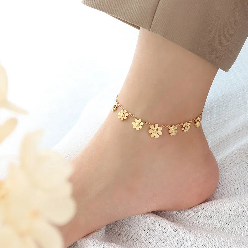 Waterproof Stainless Steel Foot Jewelry Gold Plated 18K Flower Charm Anklet for Women
