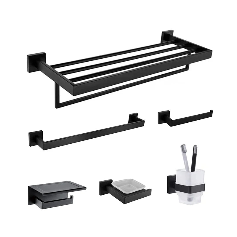 Square Matte Black SUS304 Stainless Steel Bathroom Hardware Set 6 Pcs Wall Mounted Towel Bar Toilet Paper Holder Towel Ring H