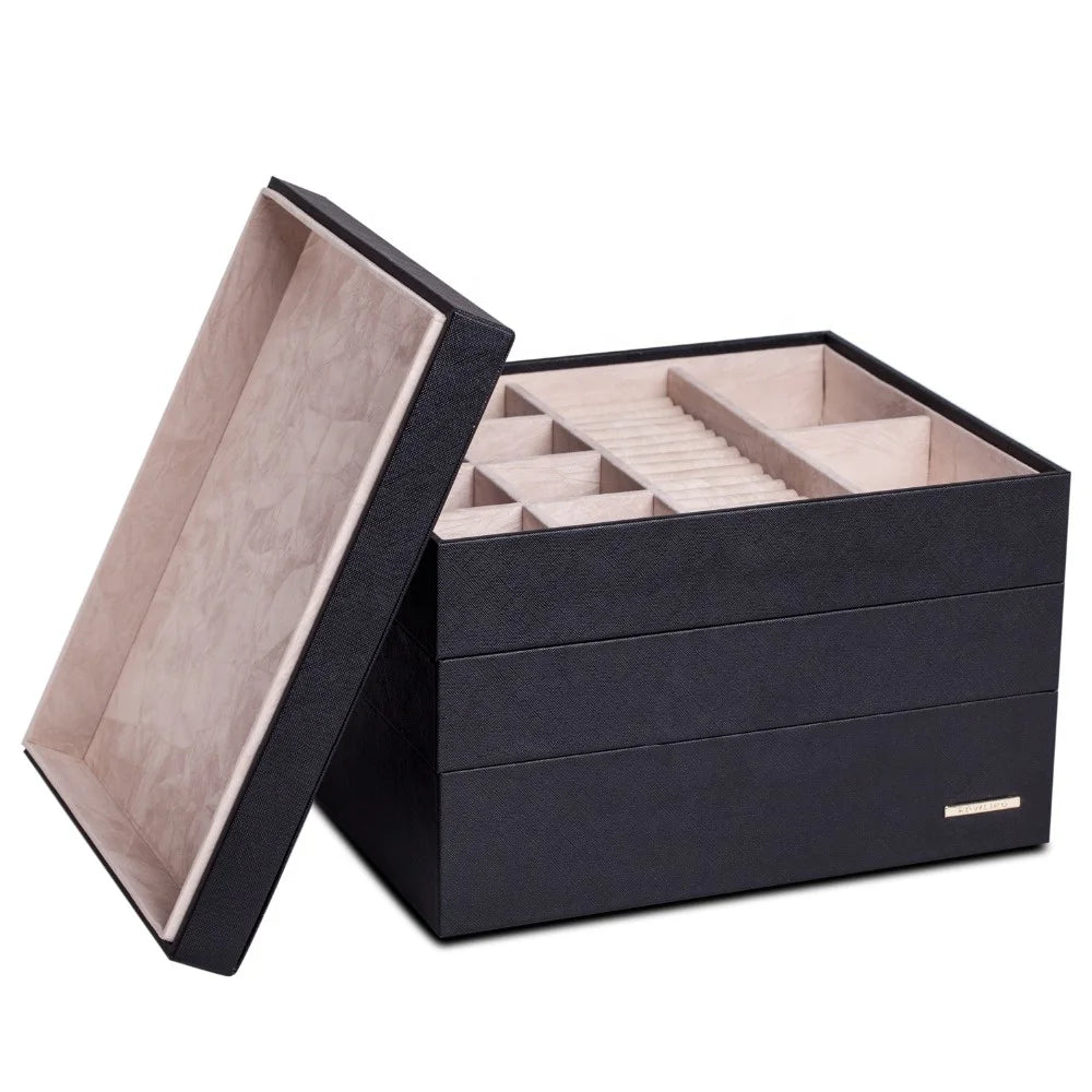 High End Black Brown Stackable MDF Ring Earrings PU Leather Jewelry Display Organizer Tray with Velvet Lining Lid Custom Logo