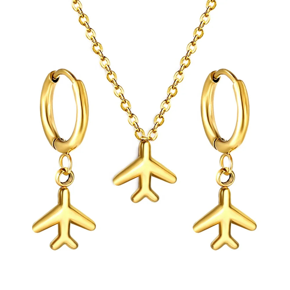 Wholesale Custom Fashion Jewelry Set Airplane Shape Stainless Steel Necklace and Hoop Charm Earring Sets